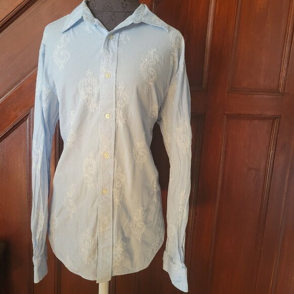Gap Classic Fit Blue Striped Embroidered Long Sleeve Shirt L - Picture 1 of 6
